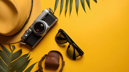 Flat lay composition with camera, sunglasses and palm leaf on color background. generative aiの素材