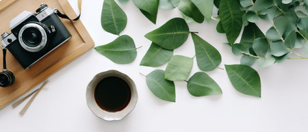 Flat lay, top view of workspace with camera, coffee cup and eucalyptus branches on white background. generative aiの素材