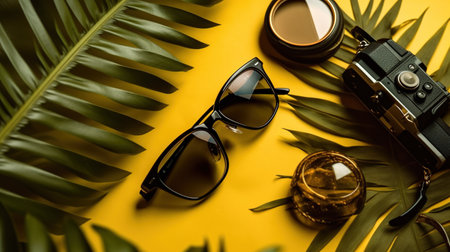 Flat lay composition with sunglasses, camera and tropical leaves on yellow background. generative aiの素材