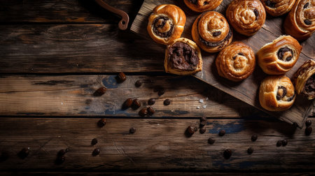 Freshly baked buns with raisins and chocolate on wooden background. generative aiの素材