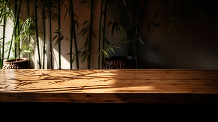 Wooden table and bamboo plant in vase on dark background. generative aiの素材