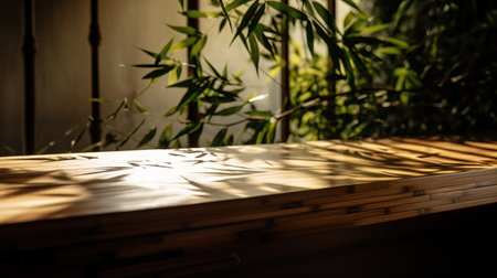 Wooden table and bamboo leaves in the morning light. Selective focus. generative aiの素材