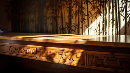 Bamboo wall in the room with sunlight and shadow on the table. generative aiの素材
