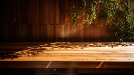 Wooden table with shadow of bamboo leaves on the wall in cafe. generative aiの素材