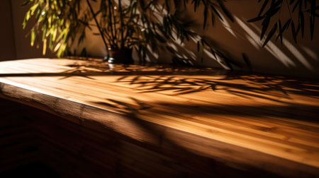 Wooden table with shadow of bamboo leaves and plant on the wall. generative aiの素材