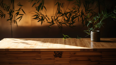 Wooden table in the room with bamboo wall and plant shadow. generative aiの素材