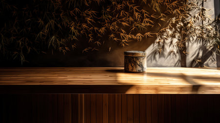 Empty wooden table in front of a wall with bamboo leaves and sunlight. generative aiの素材