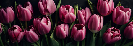 Beautiful pink tulips on dark background, panoramic shot. generative aiの素材