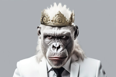 Monkey king with crown on head. Isolated on grey background. generative aiの素材