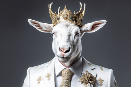 Portrait of a white goat in a crown on a gray background. generative aiの素材