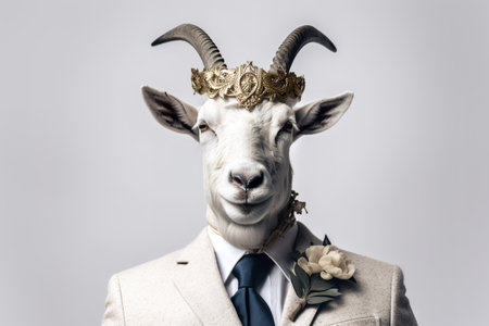Portrait of a goat in a suit with a golden crown on his head. generative aiの素材