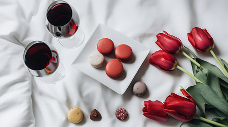 Two glasses of red wine, tulips and macaroons on a white bed. generative aiの素材