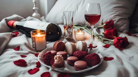 Romantic dinner with wine, macaroons and roses on bed. generative aiの素材