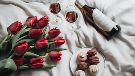 Wine, macarons and red tulips on the bed. generative aiの素材
