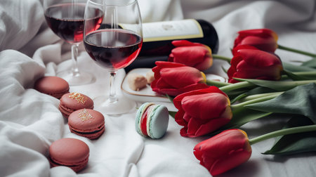 Red wine, macaroons and tulips on a white bed. generative aiの素材