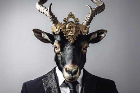 Portrait of a black deer in a suit and a crown. generative aiの素材