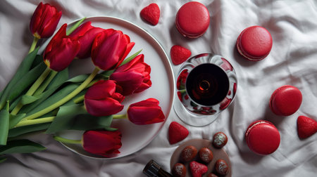 Bouquet of red tulips and a glass of red wine on the bed. generative aiの素材