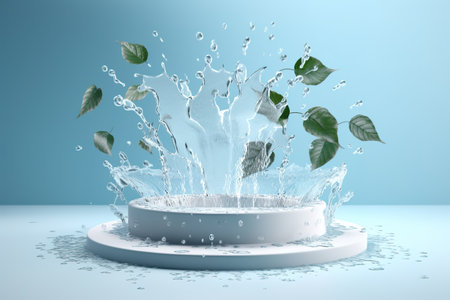 white podium with green leaves and water splash. generative aiの素材