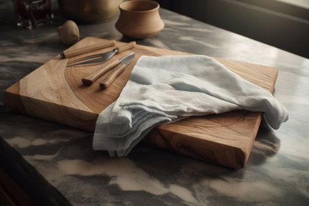 Wooden cutting board with napkin and cutlery on table. generative aiの素材