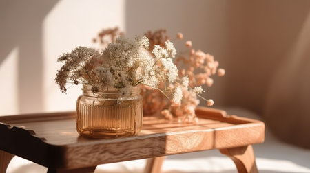 Beautiful dried flowers in glass jar on wooden tray on table indoors. generative aiの素材