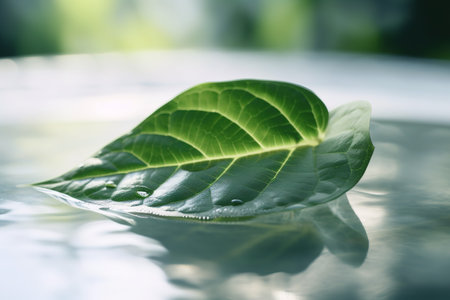 Green leaf with water drop on the glass surface, nature background. generative aiの素材