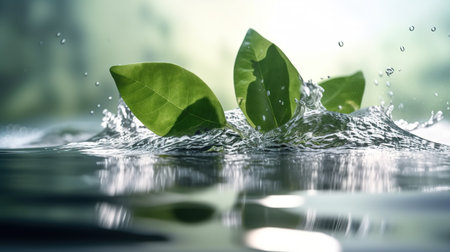 Green leaves with water splash on nature background. Nature and environment concept. generative aiの素材
