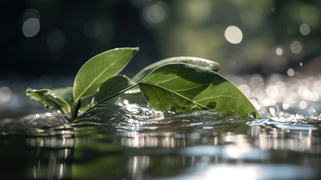 Leaves in water with bokeh background, shallow depth of field. generative aiの素材