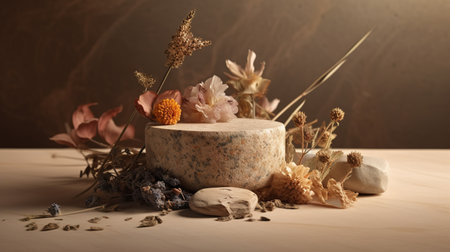 Spa still life with natural stones and dried flowers on wooden background. generative aiの素材