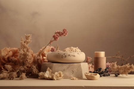 Spa still life with soap bars and dried flowers on a brown background. generative aiの素材