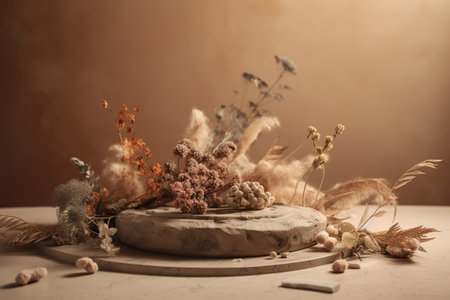 still life of dried flowers and nuts on wooden table, vintage style. generative aiの素材