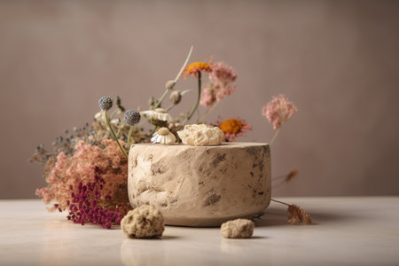 Dried flowers in vase on wooden table with copy space. generative aiの素材