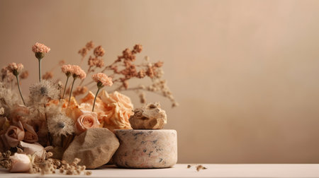 Still life with dried flowers and stones on wooden table. Selective focus. generative aiの素材