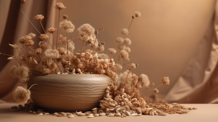 Spa still life with dry flowers and beige fabric on brown background. generative aiの素材