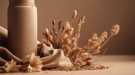 Spa still life with dry flowers and beige fabric on brown background. generative aiの素材