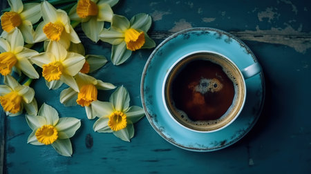 Cup of coffee and yellow daffodils on blue background. flat lay, copy space. generative aiの素材