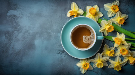 Cup of coffee and yellow daffodils on blue background. flat lay, copy space. generative aiの素材