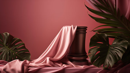 Stylish table with pink cloth and monstera leaf on color background. generative aiの素材