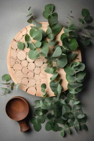 Eucalyptus branches and eucalyptus leaves on wooden cutting board. generative aiの素材