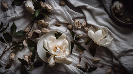 White magnolia flowers with green leaves on a white bed sheet. generative aiの素材