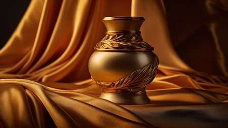 Perfume bottle on golden silk background, close-up. generative aiの素材
