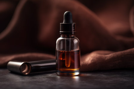 A bottle of essential oil with a pipette on a linen tablecloth. generative aiの素材