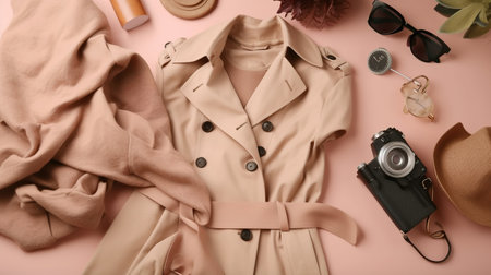 Flat lay composition with stylish women's clothes and accessories on color background. generative aiの素材