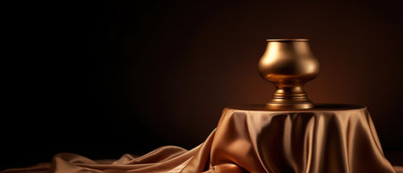 Perfume bottle on golden silk background, close-up. generative aiの素材