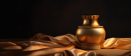 Perfume bottle on golden silk background, close-up. generative aiの素材