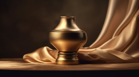 Perfume bottle on golden silk background, close-up. generative aiの素材
