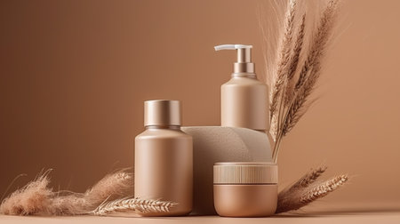 Beauty treatment, hair care and spa concept - close up of cosmetic bottles and flowers. generative aiの素材