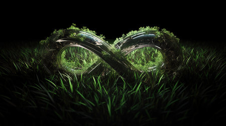 Infinity symbol made of grass on black background. generative aiの素材