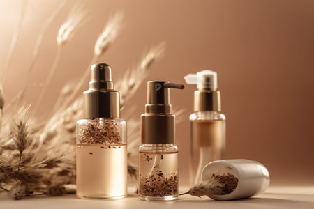 Cosmetic bottle containers with wheat and rye on brown background. Beauty and skin care concept.  generative aiの素材
