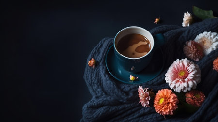 Cup of coffee and autumn flowers on a dark blue background. generative aiの素材