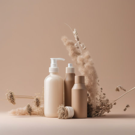 Beauty treatment, hair care and spa concept - close up of cosmetic bottles and flowers. generative aiの素材